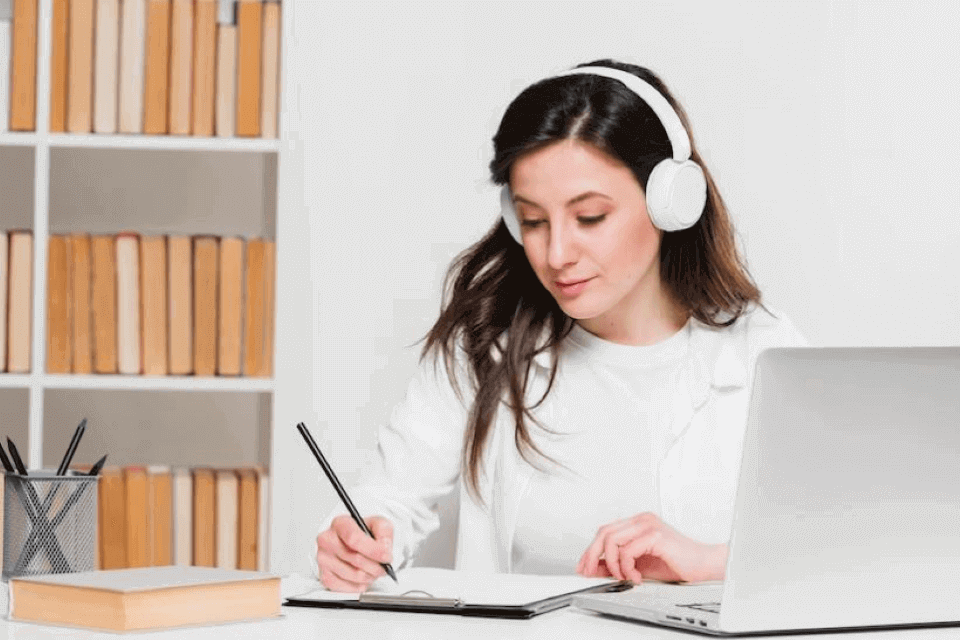 Mujer escribiendo en una libreta mientras toma sus cursos recursos humanos en línea