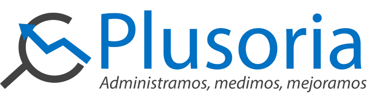 logo de plusoria, nombre en color azul